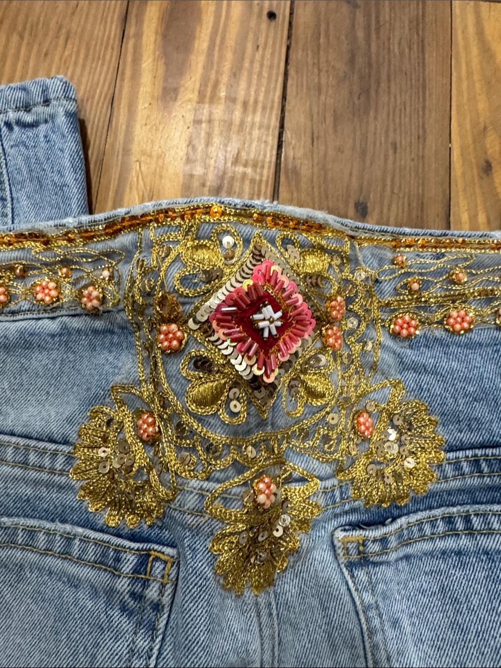 We The Free Light Blue Straight Leg Jeans with Gold Embroidered & Red Bead Waist - Picture 3 of 11